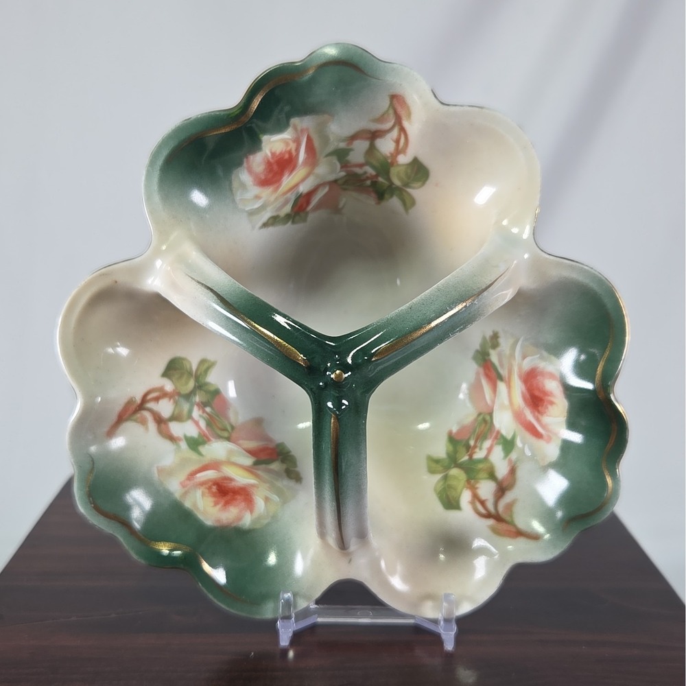 Habsburg 3-Compartment Floral Relish Dish Antique Gold Trim
